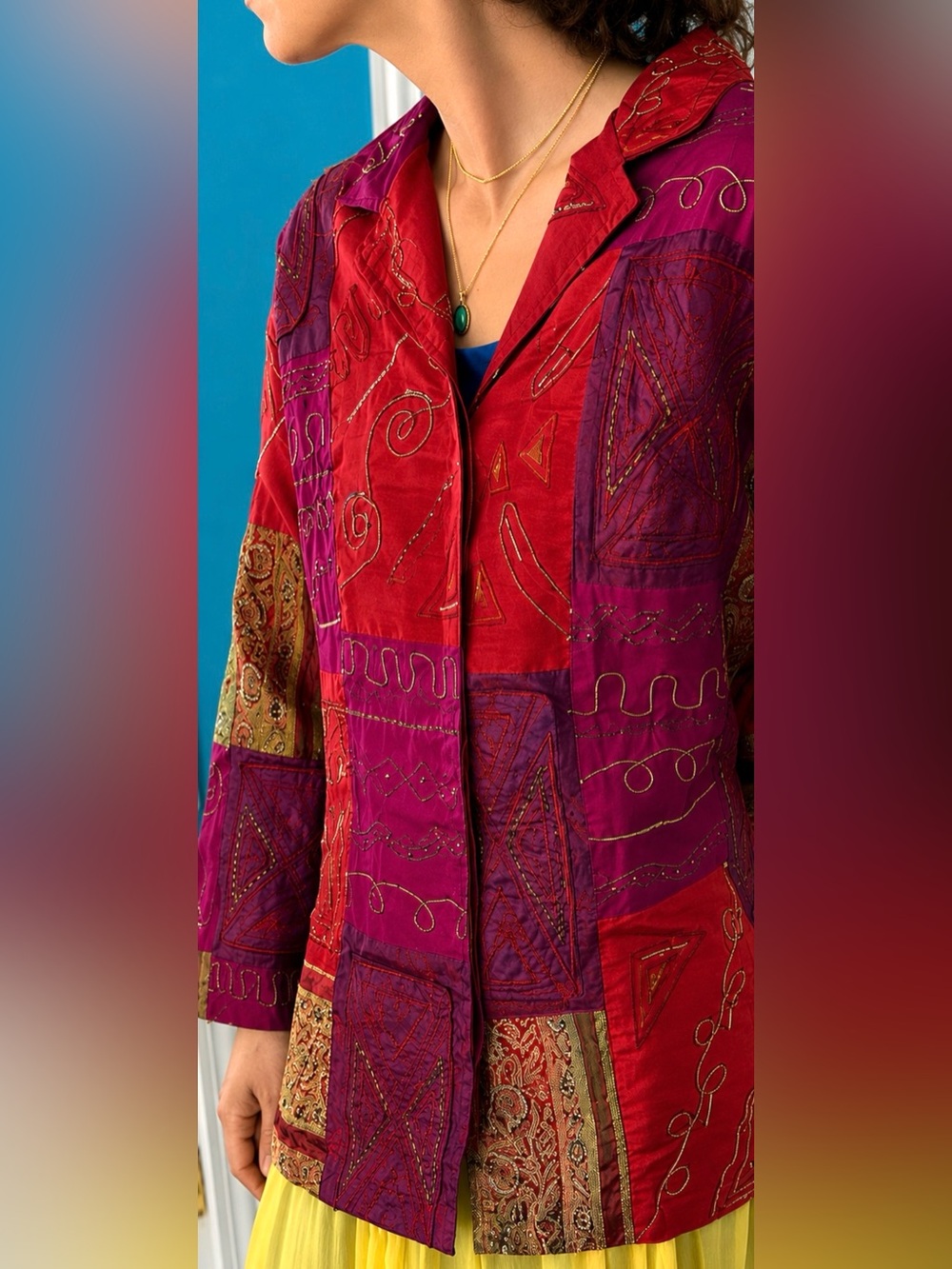 Vintage India Embroidered Beaded Real Patchwork Jacket Silk Blend Boho Art Wear